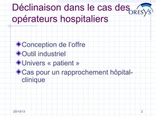 Déclinaison dans le cas des
opérateurs hospitaliers
Conception de l’offre
Outil industriel
Univers « patient »
Cas pour un rapprochement hôpitalclinique

20/10/13

2

 