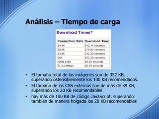 Análisis – Tiempo de carga El tamaño total de las imágenes son de 352 KB, superando ostensiblemente los 100 KB recomendados. El tamaño de los CSS externos son de más de 39 KB, superando los 20 KB recomendables  hay más de 100 KB de código JavaScript, superando también de manera holgada los 20 KB recomendables  