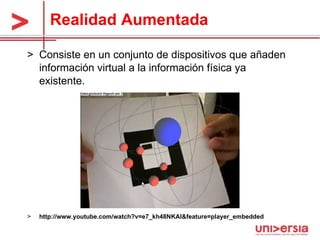 Realidad Aumentada Consiste en un conjunto de dispositivos que añaden información virtual a la información física ya existente. http://www.youtube.com/watch?v=e7_kh48NKAI&feature=player_embedded 