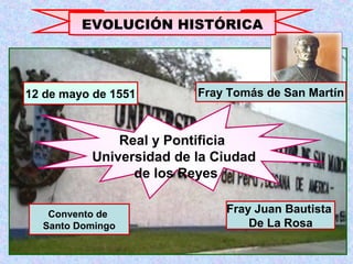 EVOLUCIÓN HISTÓRICA
Real y Pontificia
Universidad de la Ciudad
de los Reyes
12 de mayo de 1551 Fray Tomás de San Martín
Convento de
Santo Domingo
Fray Juan Bautista
De La Rosa
 