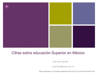 Cifras sobre educación Superior en México José Carlos Barceló jcbarcelovf@yahoo.com.mx Datos publicados en Contenido septiembre 2010 pp19 a 21 por René Drucker Colín  