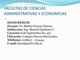 FACULTAD DE CIENCIAS
ADMINISTRATIVAS Y ECONOMICAS

DATOS BÁSICOS
Decano: Dr. Marlon Gruezo Estacio.
Subdecano: Ing. Manuel Quiñonez C
Creación: 8 de Septiembre de 1.971
Ubicación: Campus Nuevos Horizontes.
Teléfonos: 2728027 - 2724414
E-mail: facae@utelvt.edu.ec
 