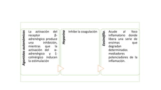 Agonistasautonómicos
La activación del
receptor β-
adrenérgico produce
una inhibición,
mientras que la
activación del α-
adrenérgico y ζ-
colinérgico inducen
la estimulación
Heparina
Inhibe la coagulación
Eosinófilo.
Acude al foco
inflamatorio donde
libera una serie de
enzimas que
degradan
determinados
mediadores
potenciadores de la
inflamación.
 