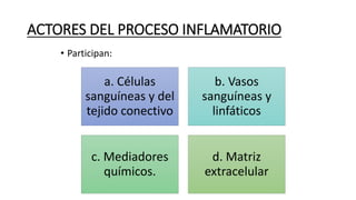ACTORES DEL PROCESO INFLAMATORIO
• Participan:
a. Células
sanguíneas y del
tejido conectivo
b. Vasos
sanguíneas y
linfáticos
c. Mediadores
químicos.
d. Matriz
extracelular
 