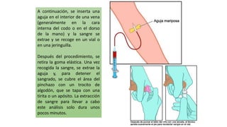 A continuación, se inserta una
aguja en el interior de una vena
(generalmente en la cara
interna del codo o en el dorso
de la mano) y la sangre se
extrae y se recoge en un vial o
en una jeringuilla.
Después del procedimiento, se
retira la goma elástica. Una vez
recogida la sangre, se extrae la
aguja y, para detener el
sangrado, se cubre el área del
pinchazo con un trocito de
algodón, que se tapa con una
tirita o un apósito. La extracción
de sangre para llevar a cabo
este análisis solo dura unos
pocos minutos.
 