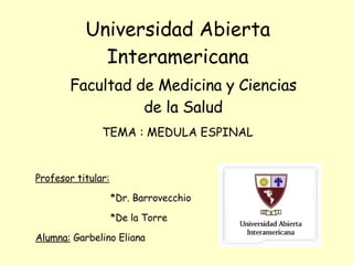 Universidad Abierta Interamericana Facultad de Medicina y Ciencias de la Salud Profesor titular: *Dr. Barrovecchio *De la Torre Alumna:  Garbelino Eliana TEMA : MEDULA ESPINAL 