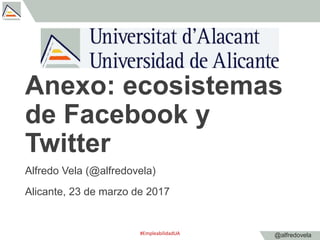 @alfredovela
Anexo: ecosistemas
de Facebook y
Twitter
Alfredo Vela (@alfredovela)
Alicante, 23 de marzo de 2017
#Empleabil...