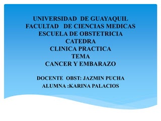 UNIVERSIDAD DE GUAYAQUIL
FACULTAD DE CIENCIAS MEDICAS
ESCUELA DE OBSTETRICIA
CATEDRA
CLINICA PRACTICA
TEMA
CANCER Y EMBARAZO
DOCENTE OBST: JAZMIN PUCHA
ALUMNA :KARINA PALACIOS
 