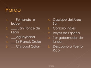 ___Fernando  e Isabel ___Juan Ponce de Leon  ___Agüeybana  ___Sir Francis Drake  ___Cristobal Colon  Cacique del Area Sur Corsario Ingles Reyes de España 1er gobernador de la Isla Descubrio a Puerto Rico  05/06/09 