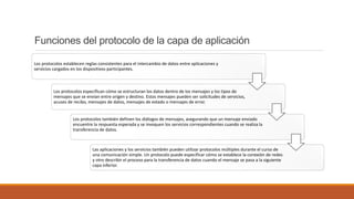 Funciones del protocolo de la capa de aplicación
Los protocolos establecen reglas consistentes para el intercambio de datos entre aplicaciones y
servicios cargados en los dispositivos participantes.
Los protocolos especifican cómo se estructuran los datos dentro de los mensajes y los tipos de
mensajes que se envían entre origen y destino. Estos mensajes pueden ser solicitudes de servicios,
acuses de recibo, mensajes de datos, mensajes de estado o mensajes de error.
Los protocolos también definen los diálogos de mensajes, asegurando que un mensaje enviado
encuentre la respuesta esperada y se invoquen los servicios correspondientes cuando se realiza la
transferencia de datos.
Las aplicaciones y los servicios también pueden utilizar protocolos múltiples durante el curso de
una comunicación simple. Un protocolo puede especificar cómo se establece la conexión de redes
y otro describir el proceso para la transferencia de datos cuando el mensaje se pasa a la siguiente
capa inferior.
 