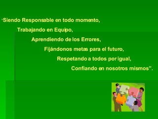 “ Siendo Responsable en todo momento, Trabajando en Equipo,  Aprendiendo de los Errores, Fijándonos metas para el futuro, Respetando a todos por igual, Confiando en nosotros mismos”. 