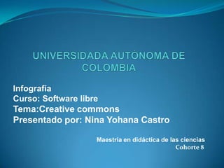 Infografía
Curso: Software libre
Tema:Creative commons
Presentado por: Nina Yohana Castro
Maestría en didáctica de las ciencias
Cohorte 8
 