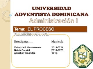 UNIVERSIDAD
ADVENTISTA DOMINICANA
Estudiantes Matricula
Valencia B. Duversonne 2013-0724
Nairla Gabriel 2013-0725
Agustin Fernandez 2013-
 