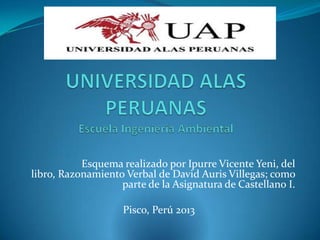 Esquema realizado por Ipurre Vicente Yeni, del
libro, Razonamiento Verbal de David Auris Villegas; como
parte de la Asignatura de Castellano I.
Pisco, Perú 2013
 