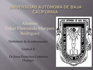 Sistemas de la información
Unidad II
Dr.Jesus Francisco Gutierrez
Ocampo
Alumno:
Oskar Fhernando Marquez
Rodriguez
 