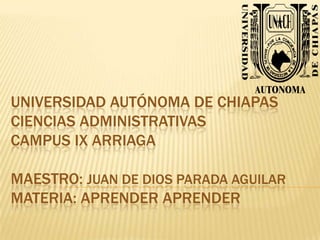 UNIVERSIDAD AUTÓNOMA DE CHIAPAS
CIENCIAS ADMINISTRATIVAS
CAMPUS IX ARRIAGA

MAESTRO: JUAN DE DIOS PARADA AGUILAR
MATERIA: APRENDER APRENDER
 