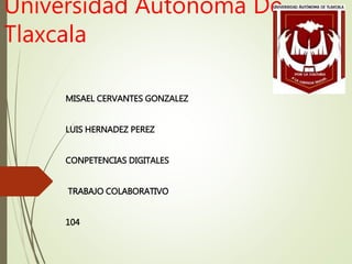 Universidad Autónoma De 
Tlaxcala 
MISAEL CERVANTES GONZALEZ 
LUIS HERNADEZ PEREZ 
CONPETENCIAS DIGITALES 
TRABAJO COLABORATIVO 
104 
 