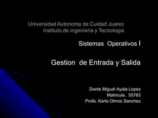 Sistemas  Operativos  I Gestion  de Entrada y Salida Dante Miguel Ayala Lopez Matricula.  55763 Profa. Karla Olmos Sanchez 