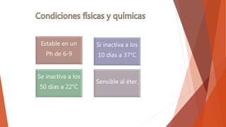 Estable en un
Ph de 6-9
Se inactiva a los
50 días a 22°C
Si inactiva a los
10 días a 37°C
Sensible al éter.
 