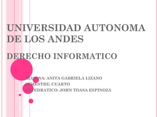UNIVERSIDAD AUTONOMA
DE LOS ANDES
DERECHO INFORMATICO
ALUMNA: ANITA GABRIELA LIZANO
SEMESTRE: CUARTO
CATEDRATICO: JOHN TOASA ESPINOZA
 