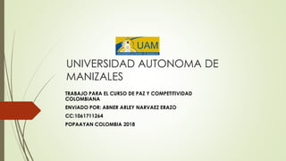 UNIVERSIDAD AUTONOMA DE
MANIZALES
TRABAJO PARA EL CURSO DE PAZ Y COMPETITIVIDAD
COLOMBIANA
ENVIADO POR: ABNER ARLEY NARVAEZ ERAZO
CC:1061711264
POPAAYAN COLOMBIA 2018
 