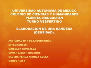 UNIVERSIDAD AUTÓNOMA DE MÉXICO 
COLEGIO DE CIENCIAS Y HUMANIDADES 
PLANTEL NAUCALPAN 
TURNO VESPERTINO 
ELABORACION DE UNA BANDERA 
(DENSIDAD). 
ACTIVIDAD Nª 4 DE LABORATORIO 
INTEGRANTES: 
GRISELDA GONZÁLEZ 
VIVIAN LIZETH BOLAÑOS 
OLVERA PÉREZ ANDREA ADELA 
GRUPO 162 A 
 