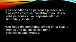 •Las sociedades de personas pueden ser:
Sociedad colectiva, constituida por dos o
mas personas cuya resposabilidad es
limitada y solidaria.
•Sociedad en comandita simple en la cual, al
menos uno de sus socios tiene
resposabilidad limitada.
 