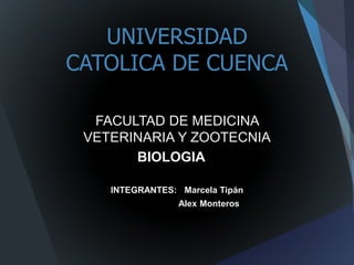 UNIVERSIDAD
CATOLICA DE CUENCA
FACULTAD DE MEDICINA
VETERINARIA Y ZOOTECNIA
BIOLOGIA
INTEGRANTES: Marcela Tipán
Alex Monteros
 