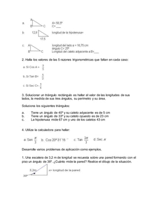 2. Halla los valores de las 5 razones trigonométricas que faltan en cada caso:
3. Solucionar un triángulo rectángulo es hallar el valor de las longitudes de sus
lados, la medida de sus tres ángulos, su perímetro y su área.
Soluciona los siguientes triángulos:
a. Tiene un ángulo de 40º y su cateto adyacente es de 5 cm
b. Tiene un ángulo de 33º y su cateto opuesto es de 23 cm
c. La hipotenusa mide 67 cm y uno de los catetos 43 cm
4. Utiliza la calculadora para hallar:
Desarrolle varios problemas de aplicación como ejemplos.
1. Una escalera de 3,2 m de longitud se recuesta sobre una pared formando con el
piso un ángulo de 38º. ¿Cuánto mide la pared? Realice el dibujo de la situación.
 