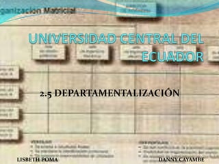 UNIVERSIDAD CENTRAL DEL ECUADOR 2.5 DEPARTAMENTALIZACIÓN LISBETH POMA DANNY CAYAMBE 