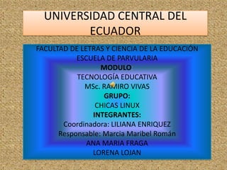 UNIVERSIDAD CENTRAL DEL
         ECUADOR
FACULTAD DE LETRAS Y CIENCIA DE LA EDUCACIÓN
           ESCUELA DE PARVULARIA
                  MODULO:
           TECNOLOGÍA EDUCATIVA
             MSc. RAMIRO VIVAS
                   GRUPO:
                CHICAS LINUX
               INTEGRANTES:
       Coordinadora: LILIANA ENRIQUEZ
      Responsable: Marcia Maribel Román
              ANA MARIA FRAGA
               LORENA LOJAN
 
