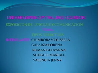 EXPOSICION DE LENGUAJE Y COMUNICACIÓN
                   TEMA:
             TIPOS DE LECTURA
INTEGRANTES: CHIMBORAZO GISSELA
             GALARZA LORENA
             ROMAN GEOVANNA
              SHUGULI MARIBEL
              VALENCIA JENNY
 
