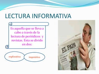 LECTURA INFORMATIVA
  Es aquella que se lleva a
     cabo a través de la
  lectura de periódicos y
   revistas. Esta se divide
           en dos:


 explorativa   inquisitiva
 