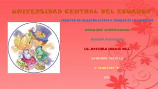 UNIVERSIDAD CENTRAL DEL ECUADOR
FACULTAD DE FILOSOFIA LETRAS Y CIENCIAS DE LA EDUCACION
MODALIDAD SEMIPRESENCIAL
MENSION PARVULARIA
LIC. MARCERLO CHICAIZA MS.c.
KATHERINE TRUJILLO
6° SEMESTRE “A”
2013
 
