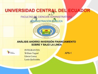 UNIVERSIDAD CENTRAL DEL ECUADOR 
L/O/G/O 
FACULTAD DE CIENCIAS ADMINISTRATIVAS 
ADMINISTRACIÓN PÚBLICA 
ANÁLISIS AHORRO INVERSIÓN FINANCIAMIENTO 
SOBRE Y BAJO LA LINEA 
INTEGRANTES: 
William Yagual 
Edwin Correa 
Lenin Quilisimba 
AP8-1 
 