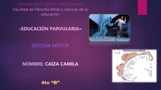 Universidad Central del Ecuador
Facultad de Filosofía letras y ciencias de la
educación
«EDUCACIÓN PARVULARIA»
SISTEMA MOTOR
NOMBRE: CAIZA CAMILA
4to “B”
 