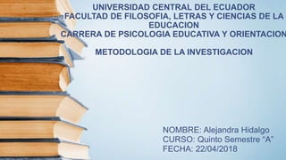 UNIVERSIDAD CENTRAL DEL ECUADOR
FACULTAD DE FILOSOFIA, LETRAS Y CIENCIAS DE LA
EDUCACION
CARRERA DE PSICOLOGIA EDUCATIVA Y ORIENTACION
METODOLOGIA DE LA INVESTIGACION
NOMBRE: Alejandra Hidalgo
CURSO: Quinto Semestre “A”
FECHA: 22/04/2018
 