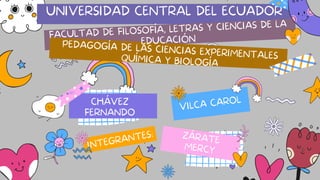 UNIVERSIDAD CENTRAL DEL ECUADOR
FACULTAD DE FILOSOFÍA, LETRAS Y CIENCIAS DE LA
EDUCACIÓN
PEDAGOGÍA DE LAS CIENCIAS EXPERIMENTALES
QUÍMICA Y BIOLOGÍA
CHÁVEZ
FERNANDO
VILCA CAROL
INTEGRANTES: ZÁRATE
MERCY
 