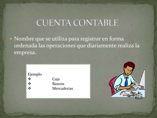  Nombre que se utiliza para registrar en forma
 ordenada las operaciones que diariamente realiza la
 empresa.


       Ejemplo
                Caja
                Bancos
                Mercaderías
 