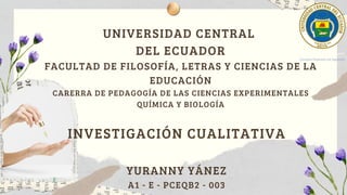 UNIVERSIDAD CENTRAL
DEL ECUADOR
FACULTAD DE FILOSOFÍA, LETRAS Y CIENCIAS DE LA
EDUCACIÓN
CARERRA DE PEDAGOGÍA DE LAS CIENCIAS EXPERIMENTALES
QUÍMICA Y BIOLOGÍA
INVESTIGACIÓN CUALITATIVA
YURANNY YÁNEZ
A1 - E - PCEQB2 - 003
 