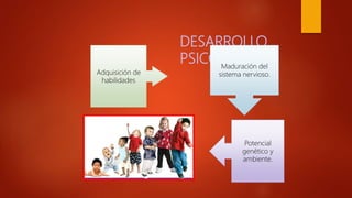 DESARROLLO
PSICOMOTOR
Adquisición de
habilidades
Maduración del
sistema nervioso.
Potencial
genético y
ambiente.
 