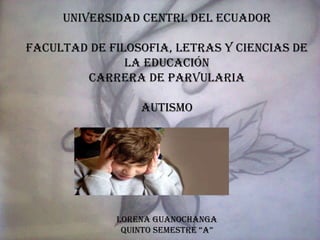 UNIVERSIDAD CENTRL DEL ECUADOR
FACULTAD DE FILOSOFIA, LETRAS Y CIENCIAS DE
LA EDUCACIÓN
CARRERA DE PARVULARIA
AUTISMO

LORENA GUANOCHANGA
QUINTO SEMESTRE “A”

 