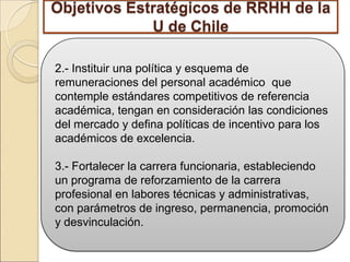 Objetivos Estratégicos de RRHH de la
             U de Chile

2.- Instituir una política y esquema de
remuneraciones del personal académico que
contemple estándares competitivos de referencia
académica, tengan en consideración las condiciones
del mercado y defina políticas de incentivo para los
académicos de excelencia.

3.- Fortalecer la carrera funcionaria, estableciendo
un programa de reforzamiento de la carrera
profesional en labores técnicas y administrativas,
con parámetros de ingreso, permanencia, promoción
y desvinculación.
 