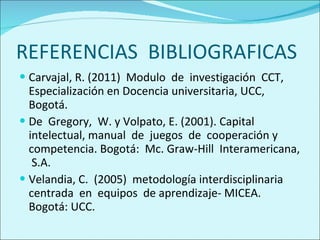 REFERENCIAS  BIBLIOGRAFICAS Carvajal, R. (2011)  Modulo  de  investigación  CCT, Especialización en Docencia universitaria, UCC, Bogotá. De  Gregory,  W. y Volpato, E. (2001). Capital intelectual, manual  de  juegos  de  cooperación y  competencia. Bogotá:  Mc. Graw-Hill  Interamericana,  S.A. Velandia, C.  (2005)  metodología interdisciplinaria  centrada  en  equipos  de aprendizaje- MICEA. Bogotá: UCC. 