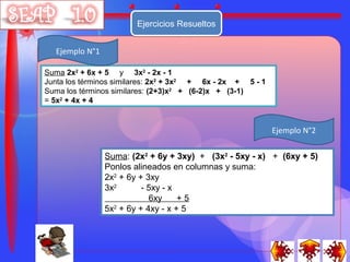 Ejercicios Resueltos


  Ejemplo N°1

Suma 2x2 + 6x + 5 y 3x2 - 2x - 1
Junta los términos similares: 2x2 + 3x2 + 6x - 2x + 5 - 1
Suma los términos similares: (2+3)x2 + (6-2)x + (3-1)
= 5x2 + 4x + 4


                                                            Ejemplo N°2

                Suma: (2x2 + 6y + 3xy) + (3x2 - 5xy - x) + (6xy + 5)
                Ponlos alineados en columnas y suma:
                2x2 + 6y + 3xy
                3x2       - 5xy - x
                            6xy     +5
                5x2 + 6y + 4xy - x + 5
 