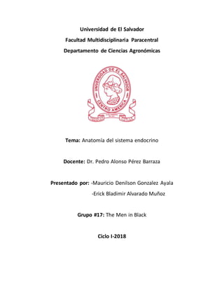 Universidad de El Salvador
Facultad Multidisciplinaria Paracentral
Departamento de Ciencias Agronómicas
Tema: Anatomía del sistema endocrino
Docente: Dr. Pedro Alonso Pérez Barraza
Presentado por: -Mauricio Denilson Gonzalez Ayala
-Erick Bladimir Alvarado Muñoz
Grupo #17: The Men in Black
Ciclo I-2018
 