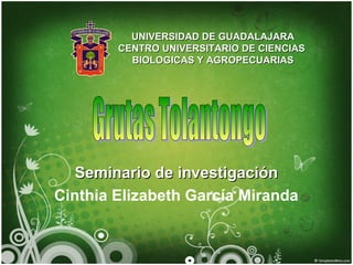 UNIVERSIDAD DE GUADALAJARAUNIVERSIDAD DE GUADALAJARA
CENTRO UNIVERSITARIO DE CIENCIASCENTRO UNIVERSITARIO DE CIENCIAS
BIOLOGICAS Y AGROPECUARIASBIOLOGICAS Y AGROPECUARIAS
Seminario de investigaciónSeminario de investigación
Cinthia Elizabeth García Miranda
 