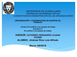 UNIVERSIDAD DE GUADALAJARA
SISTEMA DE UNIVERSIDAD VIRTUAL
LICENCIATURA EN ADMINISTRACIÓN DE LAS ORGANIZACIONES
ORGANIZACIÓN Y COORDINACION DE EQUIPOS DE
TRABAJO
Unidad 2 El conflicto y los equipos de trabajo
Actividad # 1
El conflicto y los equipos de trabajo
ASESOR: GUTIERREZ HERNANDEZ LILIANA
YAZMIN
ALUMNO: Jiménez Ríos Luis Alfredo
Marzo /09/2018
 