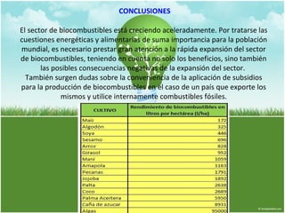 CONCLUSIONES 
El sector de biocombustibles está creciendo aceleradamente. Por tratarse las 
cuestiones energéticas y alimentarias de suma importancia para la población 
mundial, es necesario prestar gran atención a la rápida expansión del sector 
de biocombustibles, teniendo en cuenta no solo los beneficios, sino también 
las posibles consecuencias negativas de la expansión del sector. 
También surgen dudas sobre la conveniencia de la aplicación de subsidios 
para la producción de biocombustibles en el caso de un país que exporte los 
mismos y utilice internamente combustibles fósiles. 
