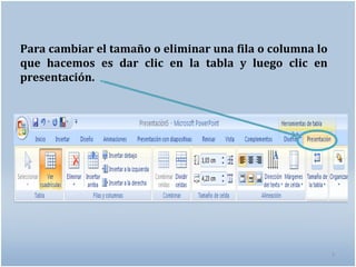 Para cambiar el tamaño o eliminar una fila o columna lo
que hacemos es dar clic en la tabla y luego clic en
presentación.




                                                          7
 